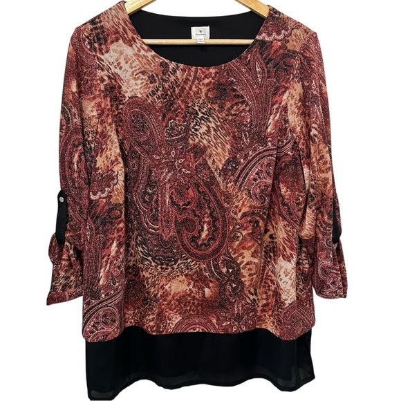 Women's 1X Burgundy Metallic Black Layered PLUS Roll Tab Sleeve Work Casual Top - Picture 1 of 4
